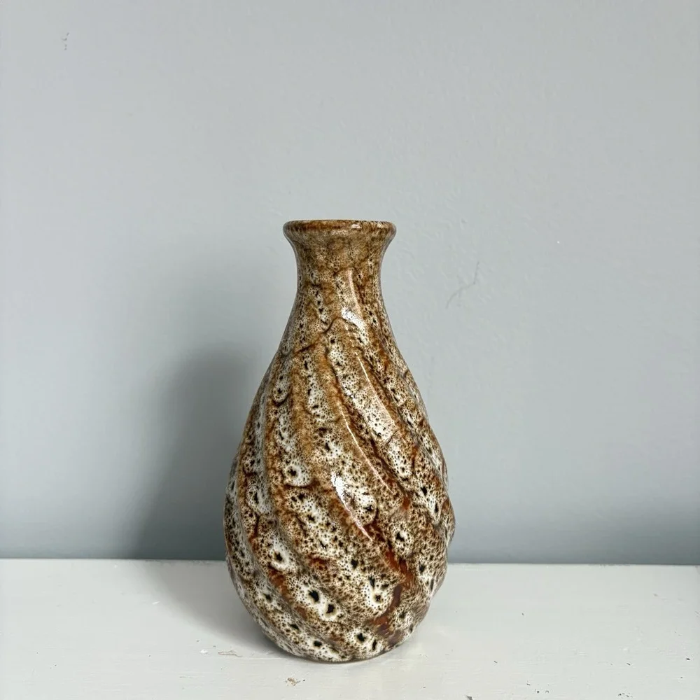 Vintage Pottery Vase Brown Beige Mottled Handmade‎ Rustic Speckled Neutral